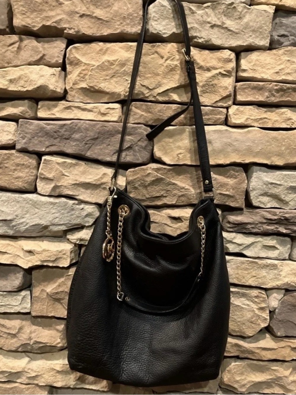 Michael Kors Black Leather Chain-Accent Hobo Shoulder Bag